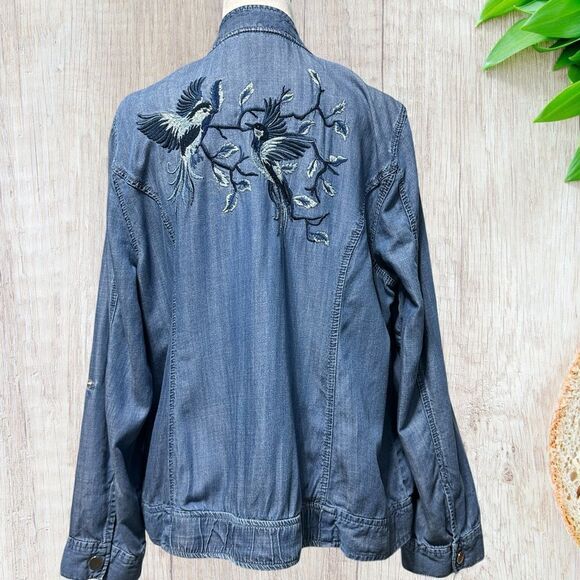 Chico's Bird-Embroidered Bomber Jacket Size 2 (Actual =‎ 12) Blue - Picture 1 of 11